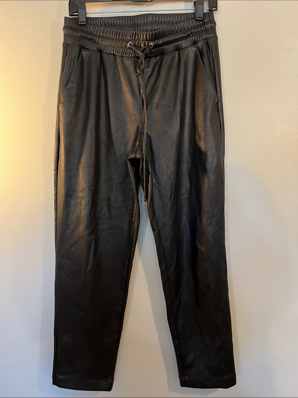 LOFT Black Faux Leather Joggers with Drawstring Waist